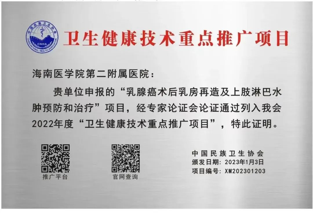 海医二院乳甲外科获批国家卫生健康技术重点推广项目